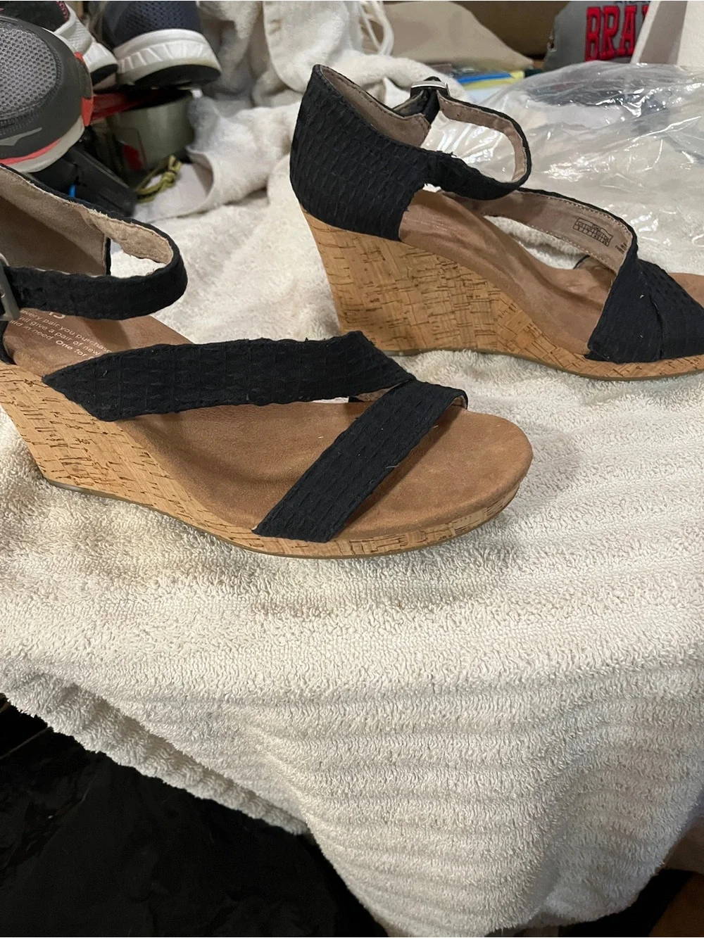 Toms Black Strappy Cork Wedge Sandals 6m